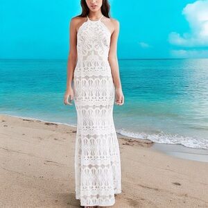 NWT L’Atiste by Amy S white lace fishtail halter maxi dress